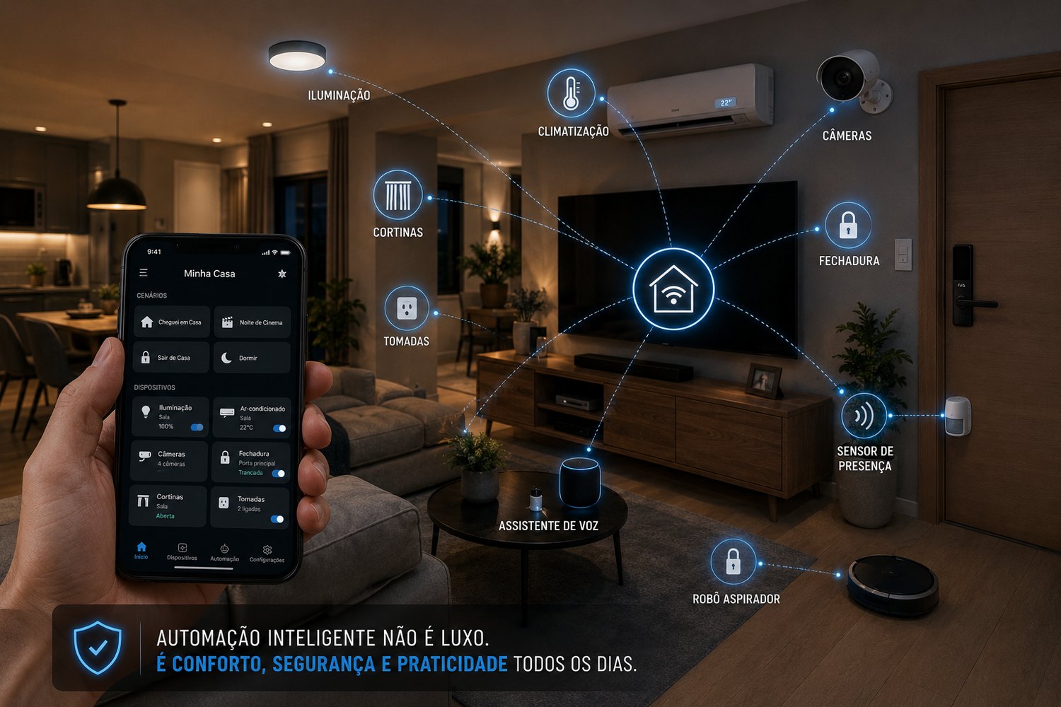 Sala de estar com um celular controlando iluminação, climatização, cortinas, câmeras, fechadura, sensor de presença e assistente de voz, todos conectados a uma central