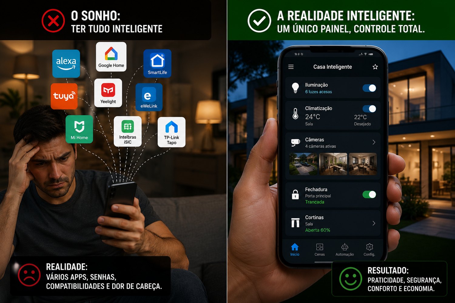 Comparação entre o sonho com vários aplicativos e marcas diferentes, à esquerda, e a realidade de um único painel controlando tudo, à direita
