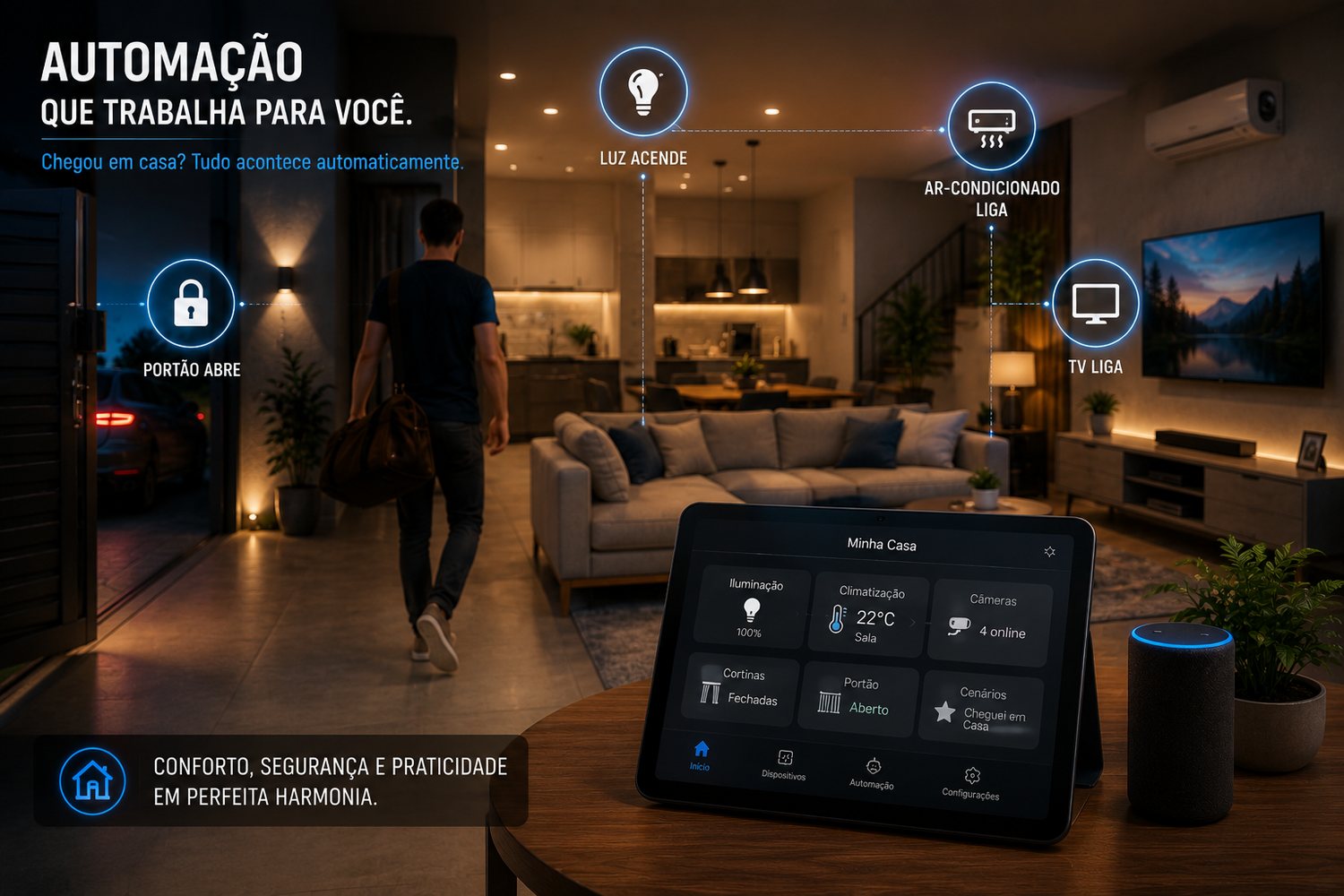 Pessoa chegando em casa enquanto a automação acende a luz, liga o ar-condicionado e abre o portão sozinha