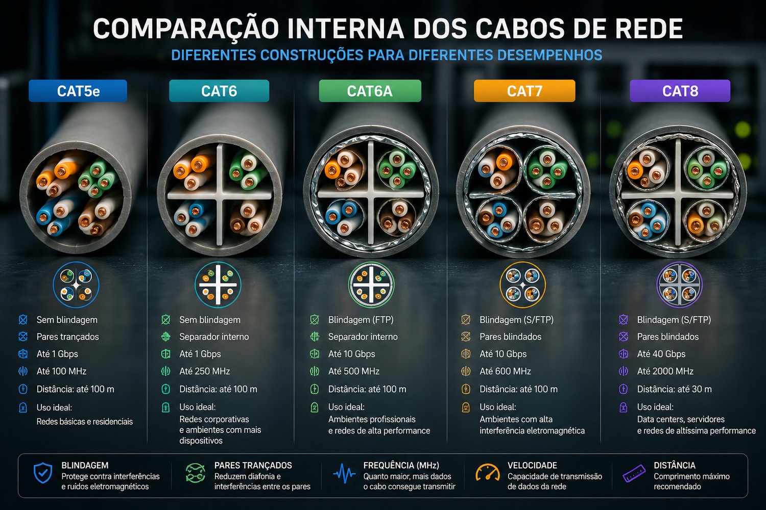 Comparação interna das categorias Cat5e, Cat6, Cat6A, Cat7 e Cat8 com seção dos pares, blindagem, velocidade, frequência e distância