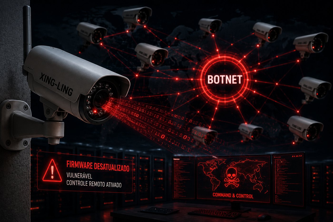 Câmeras de segurança com firmware desatualizado recrutadas por uma botnet sob controle de um servidor de comando e controle