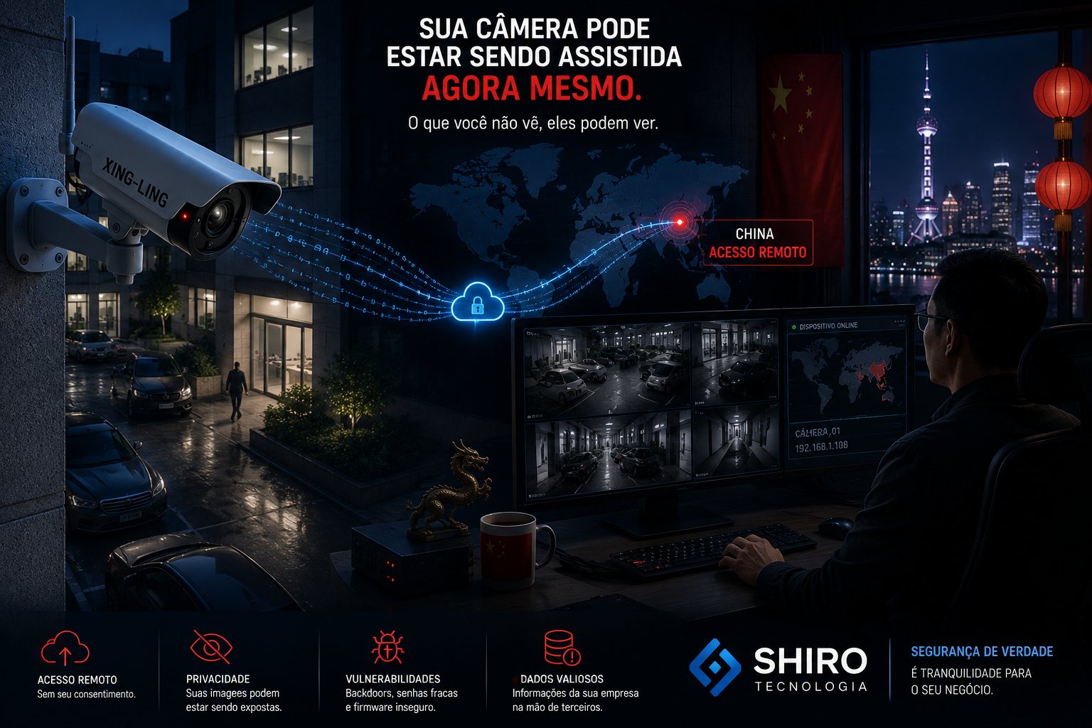 Câmera de segurança barata com acesso remoto não autorizado enviando imagens para o exterior