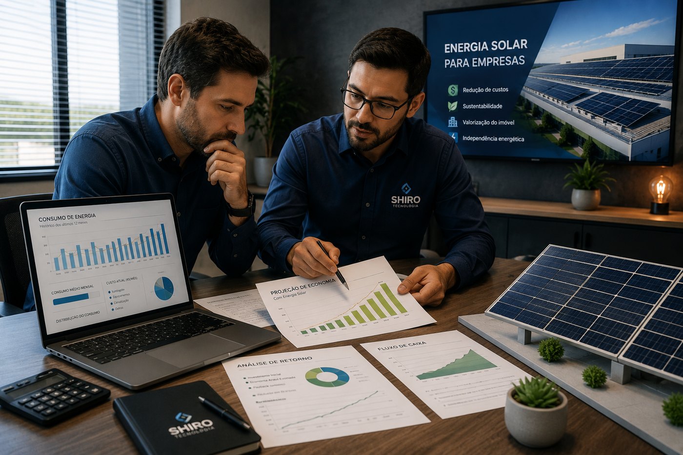 Consultores da SHIRO analisando consumo de energia, projeção de economia e análise de retorno de um projeto de energia solar