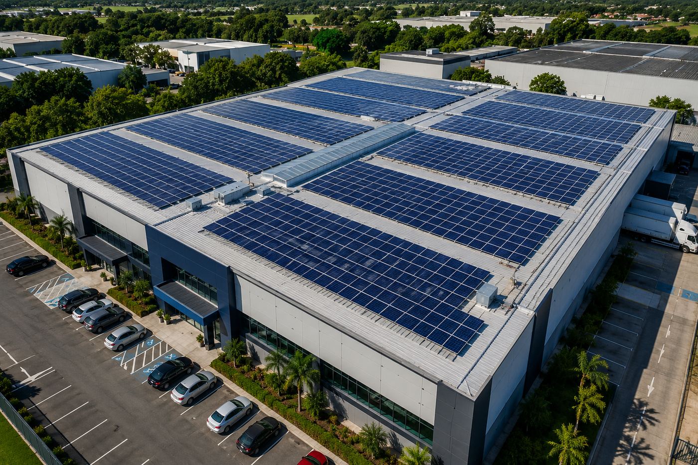 Vista aérea de um galpão empresarial com o telhado coberto por painéis solares fotovoltaicos
