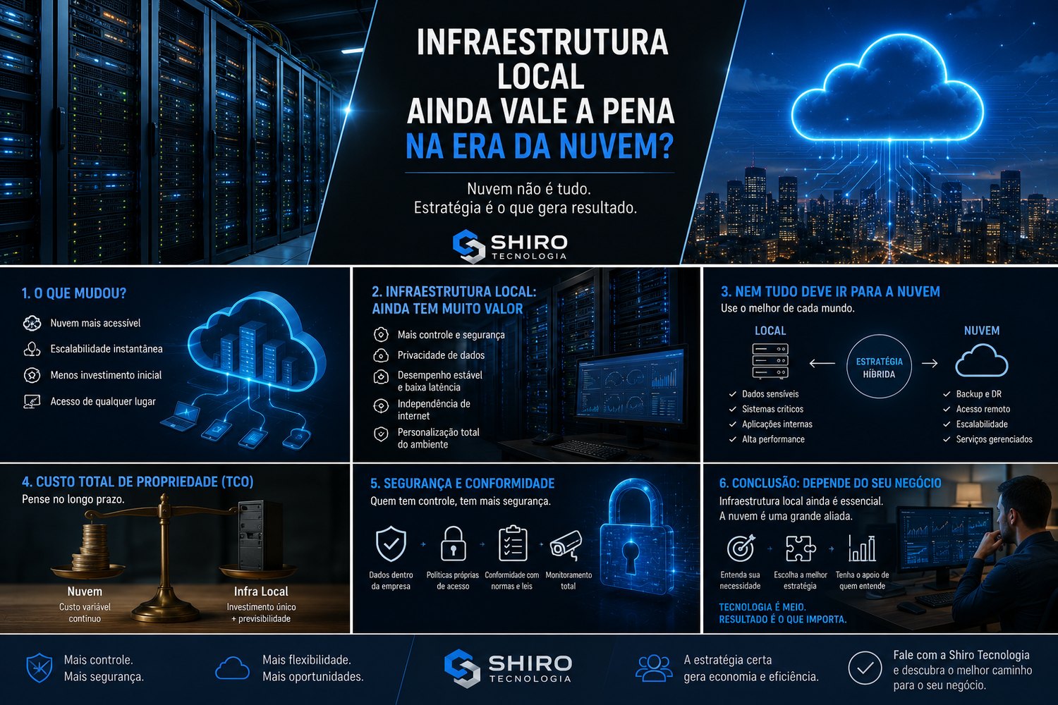 Infográfico SHIRO sobre infraestrutura local na era da nuvem: o que mudou, onde a infra local tem valor, estratégia híbrida, custo total de propriedade (TCO), segurança e conformidade, e conclusão