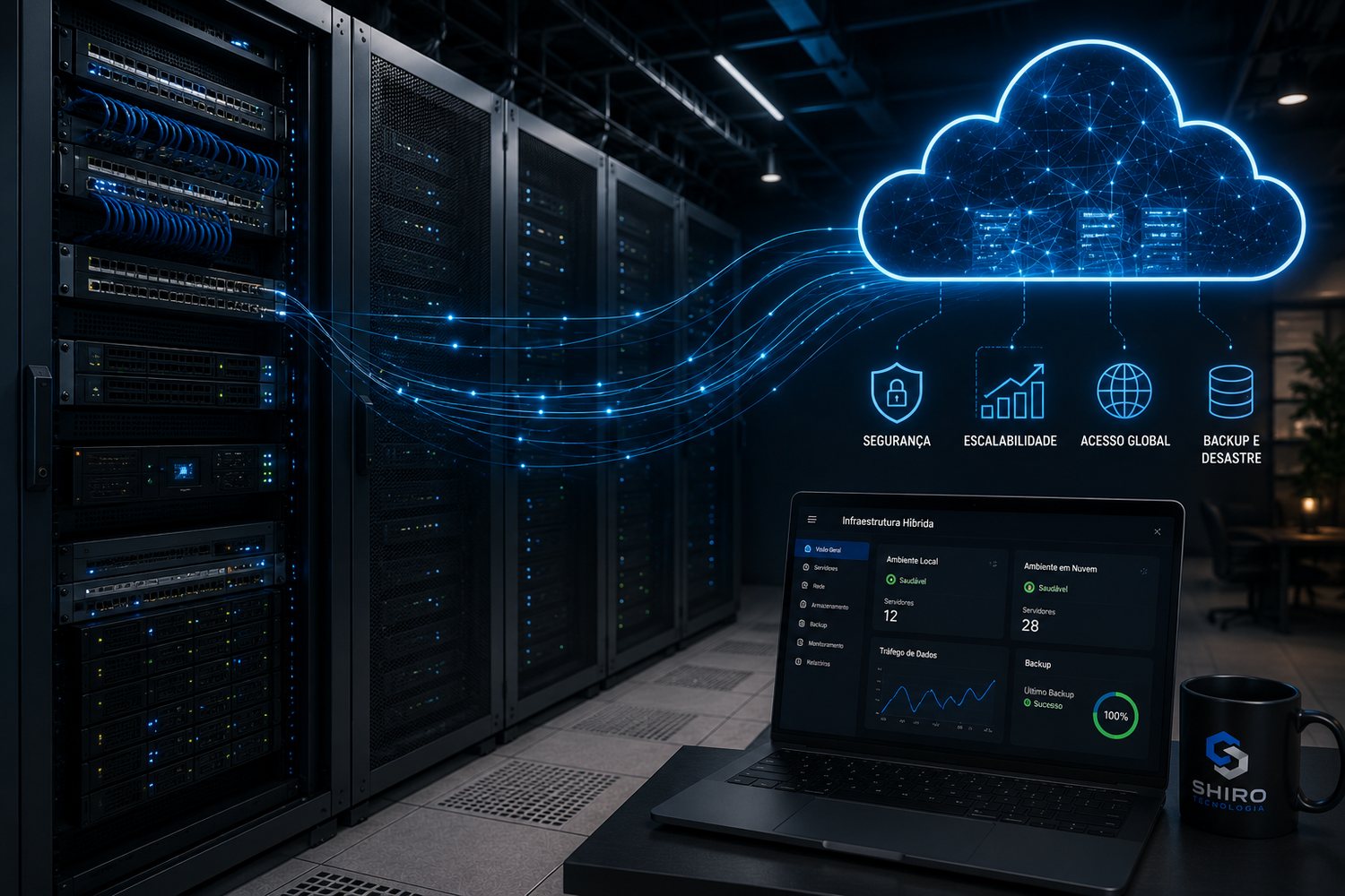 Rack de servidores local conectado por links luminosos a uma nuvem, com um painel de Infraestrutura Híbrida e os pilares segurança, escalabilidade, acesso global e backup e desastre