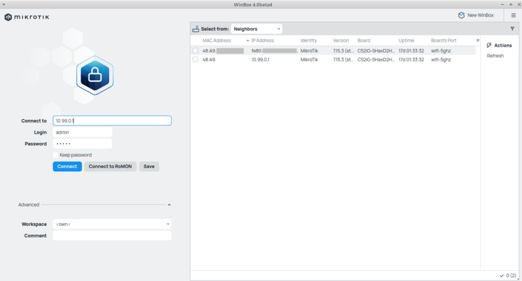 Tela de configuração do RouterOS com regras de firewall e VLAN