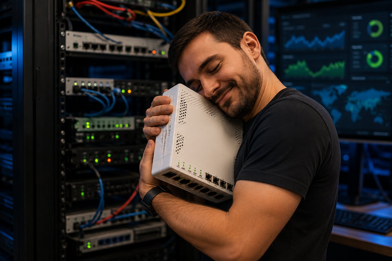 Roteador MikroTik instalado em rack profissional de rede