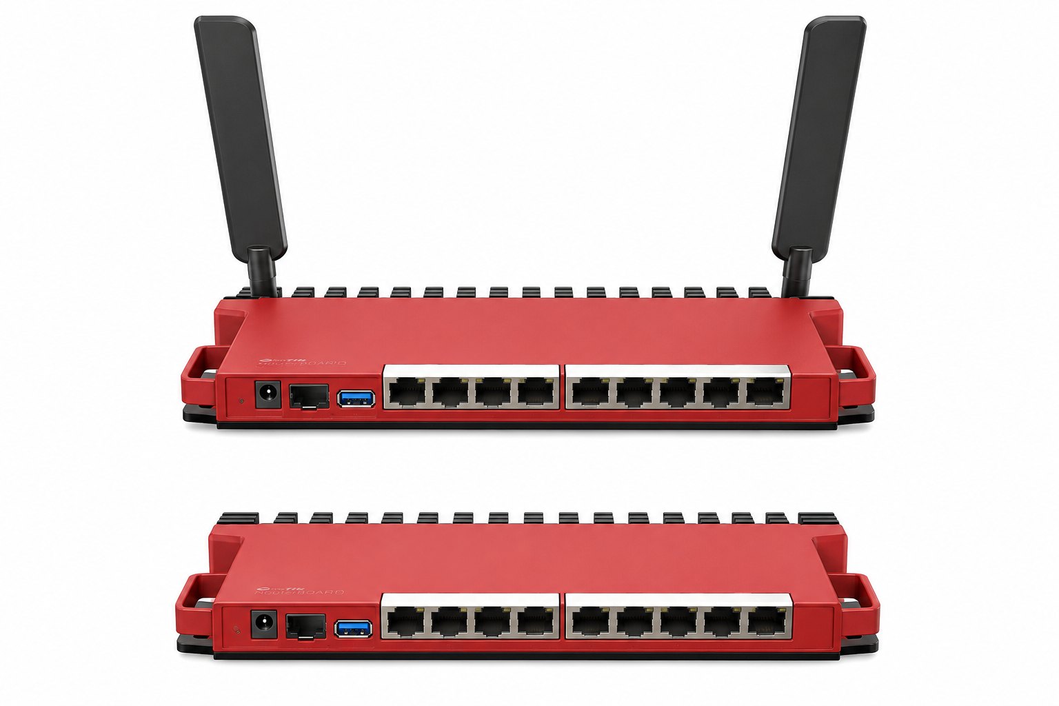 Roteador MikroTik L009 visto de cima, mostrando o tamanho compacto
