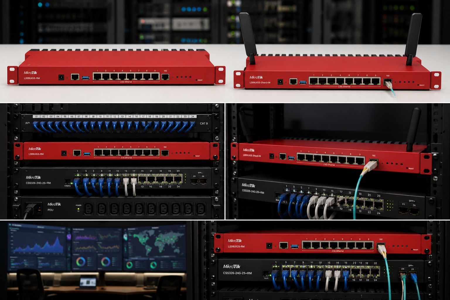 Roteador MikroTik L009 compacto sobre uma mesa, com cabos de rede conectados