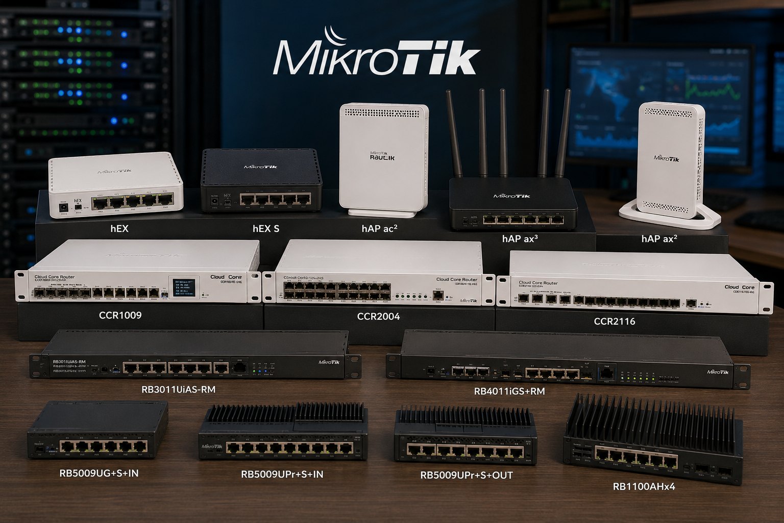 Diferentes modelos de equipamentos MikroTik dispostos lado a lado, do compacto ao de rack