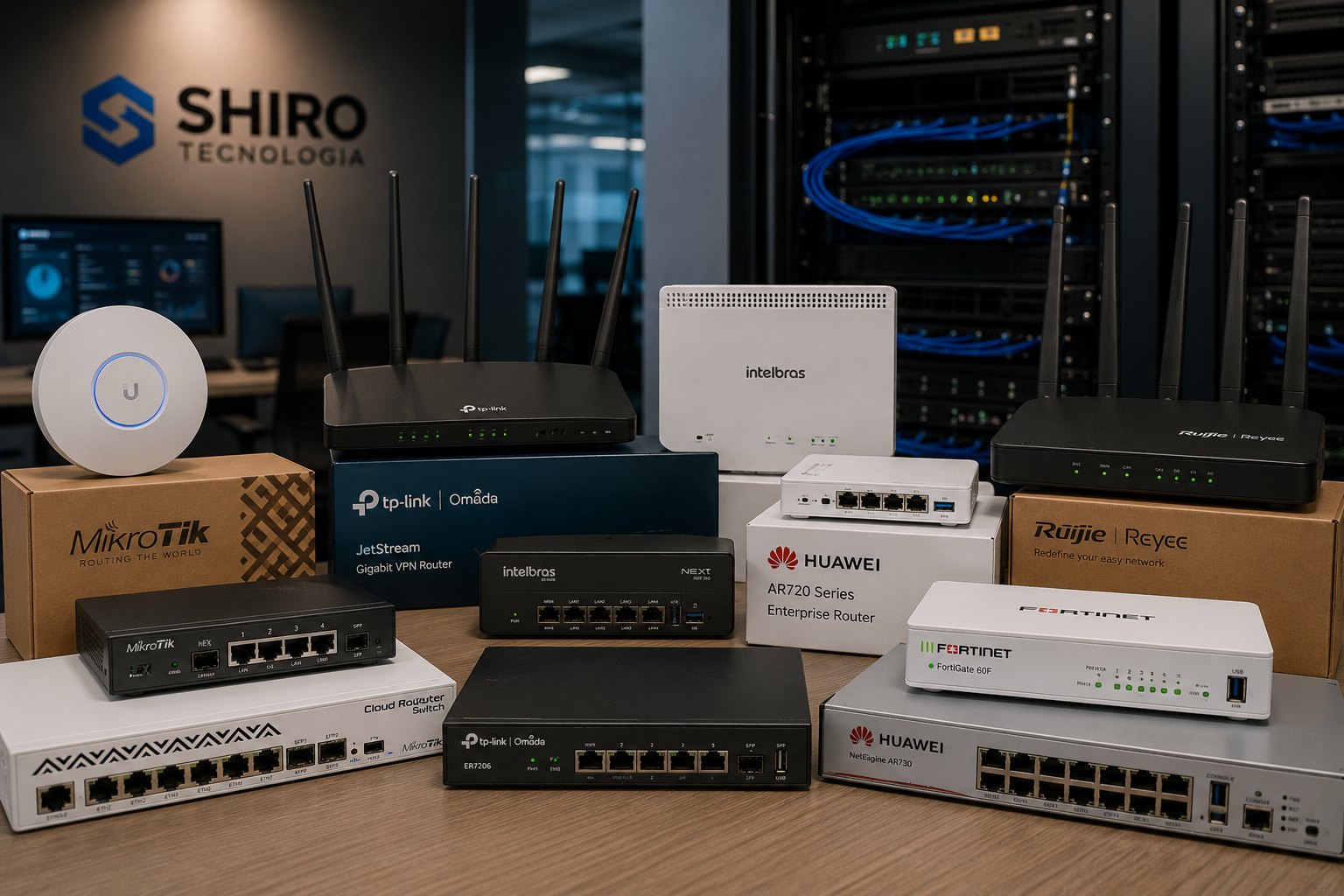 Vários modelos de roteadores MikroTik lado a lado, do compacto ao de rack