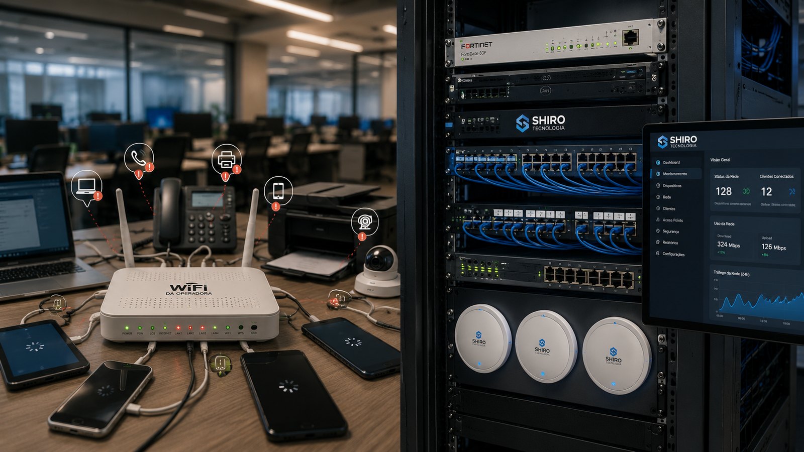 Rack de rede corporativa com switches e roteador profissional