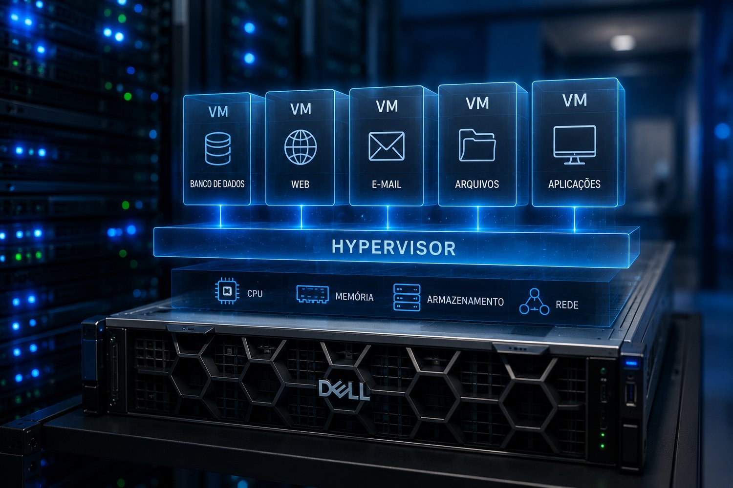 Servidor Dell em data center executando várias máquinas virtuais sobre uma camada de hypervisor