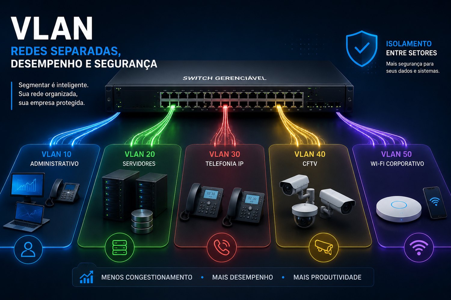 Switch gerenciável dividindo a rede em VLAN 10 administrativo, VLAN 20 servidores, VLAN 30 telefonia IP, VLAN 40 CFTV e VLAN 50 Wi-Fi corporativo