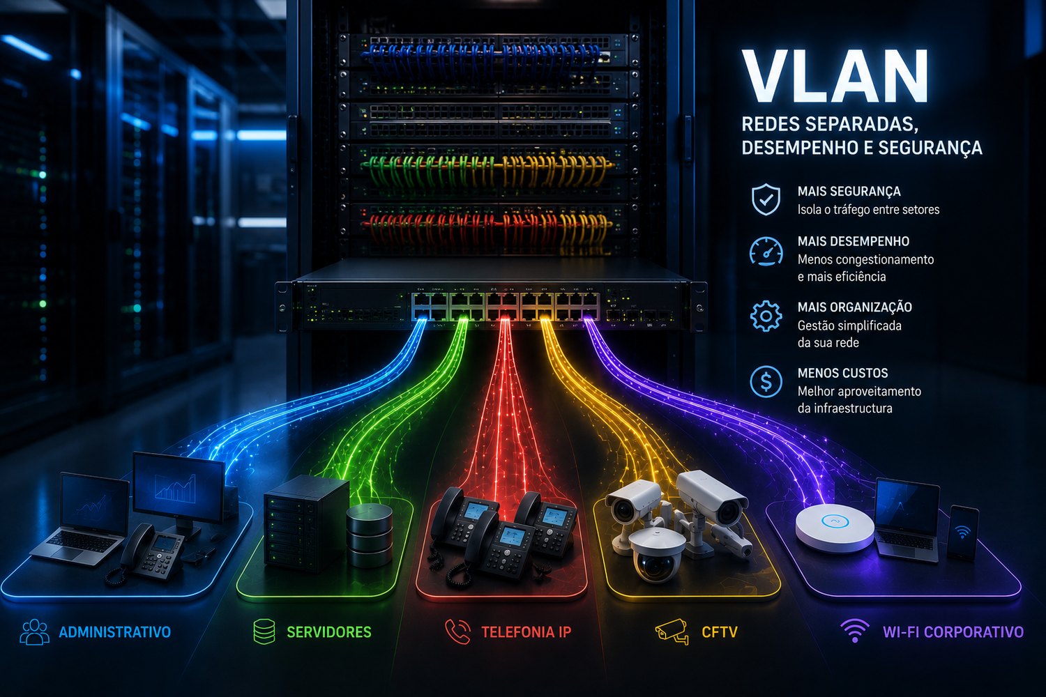 VLAN trazendo mais segurança, mais desempenho, mais organização e menos custos, com rack e switch ao fundo