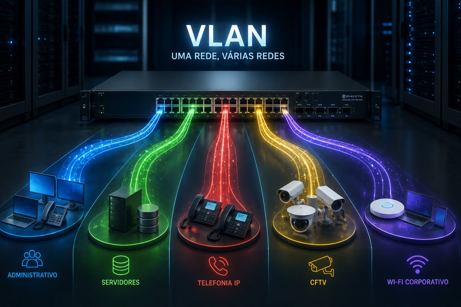 Switch gerenciável separando a rede em VLANs por setor: administrativo, servidores, telefonia IP, CFTV e Wi-Fi corporativo