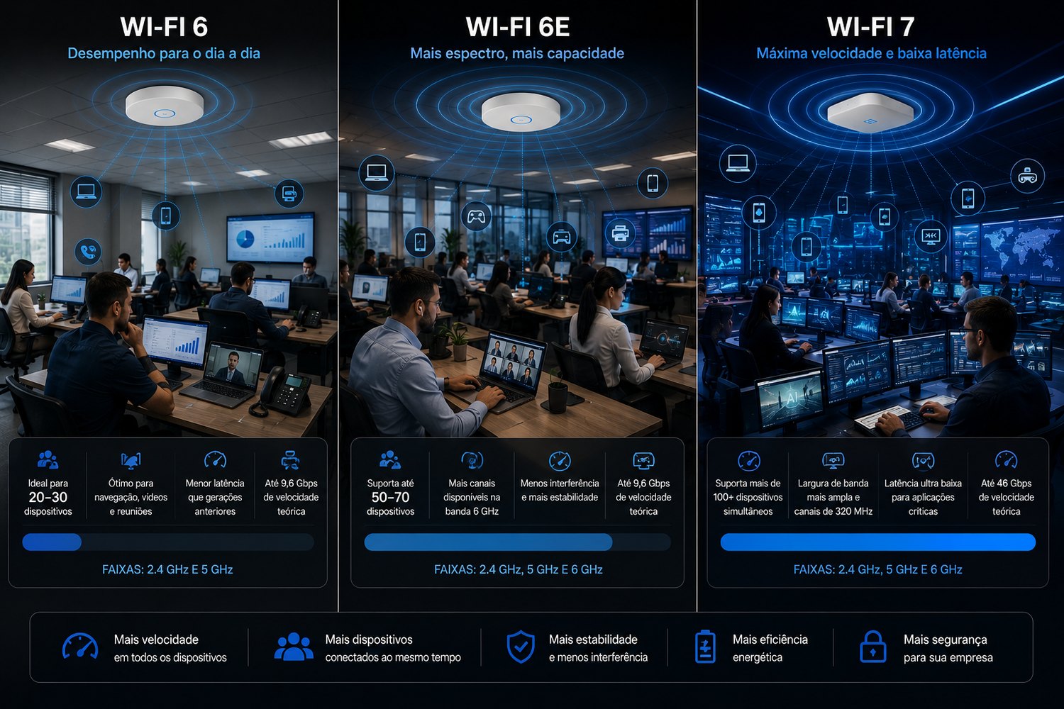 Comparação das três gerações de Wi-Fi 6, 6E e 7 com capacidade de dispositivos, bandas e velocidade teórica