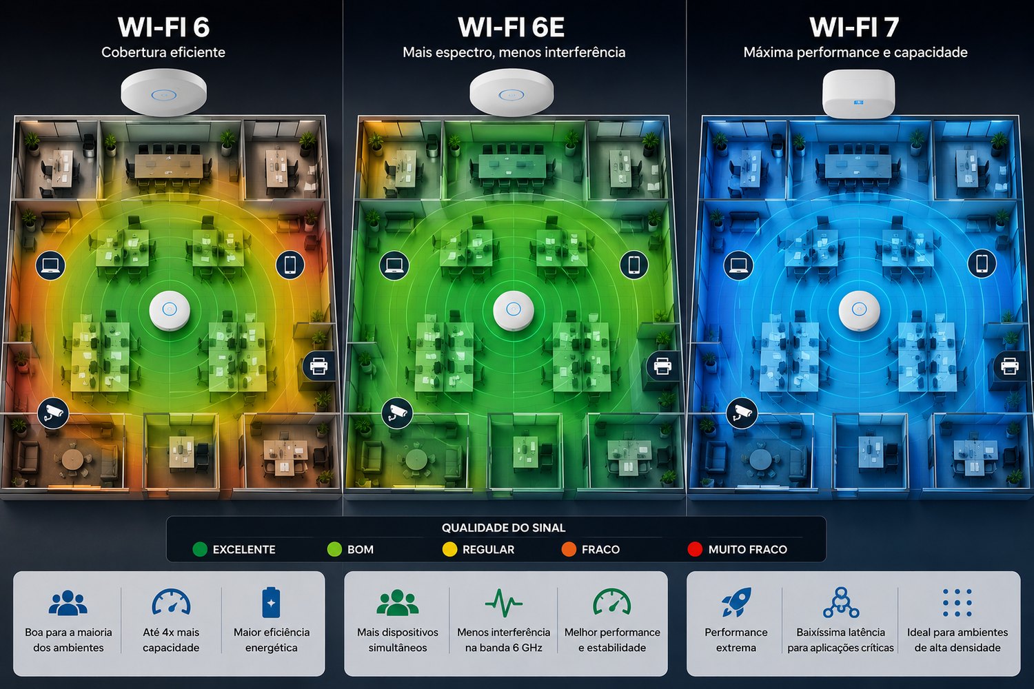 Mapa de calor comparando a qualidade de sinal de Wi-Fi 6, 6E e 7 em uma planta de escritório
