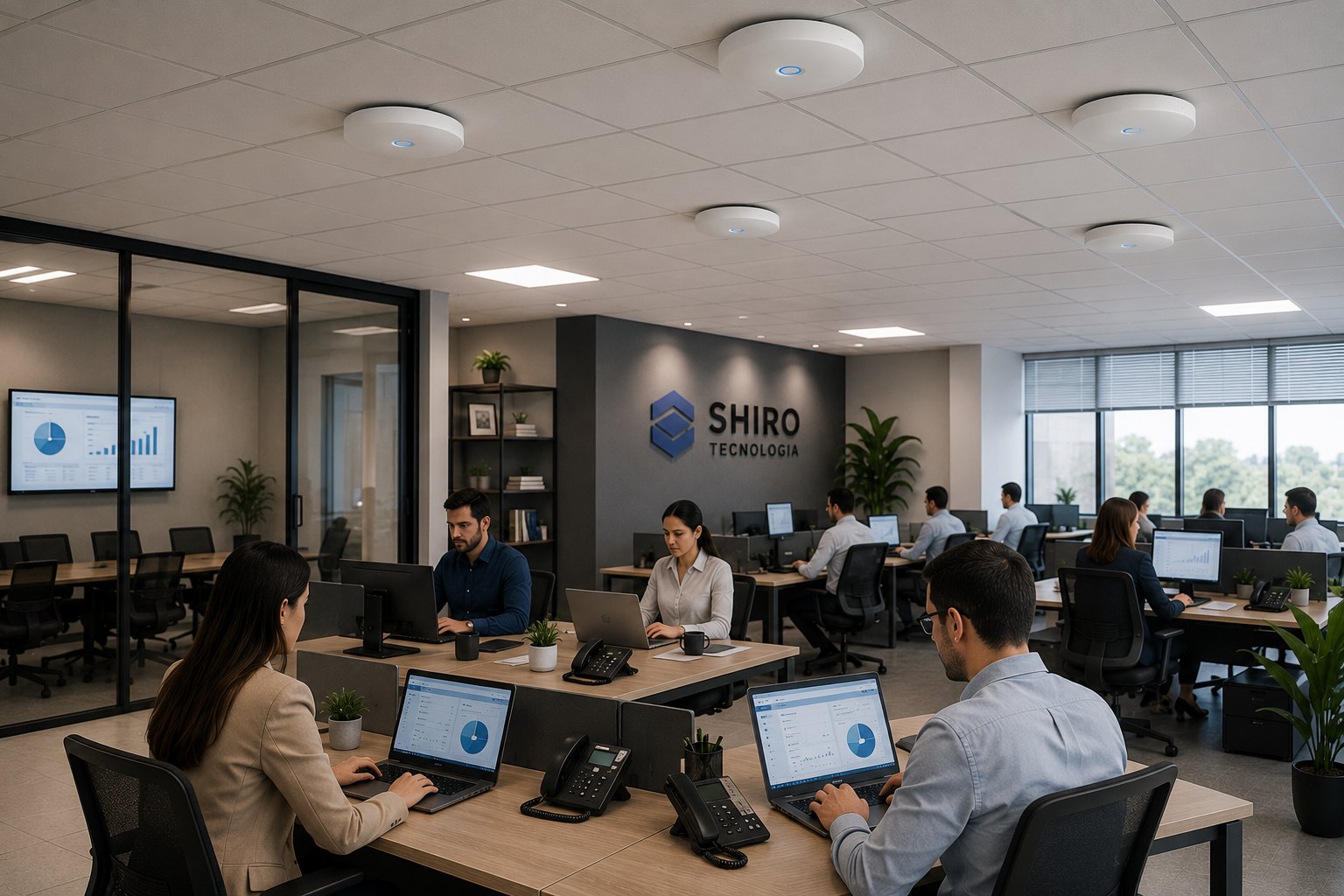 Escritório corporativo com vários access points Wi-Fi modernos no teto cobrindo a equipe