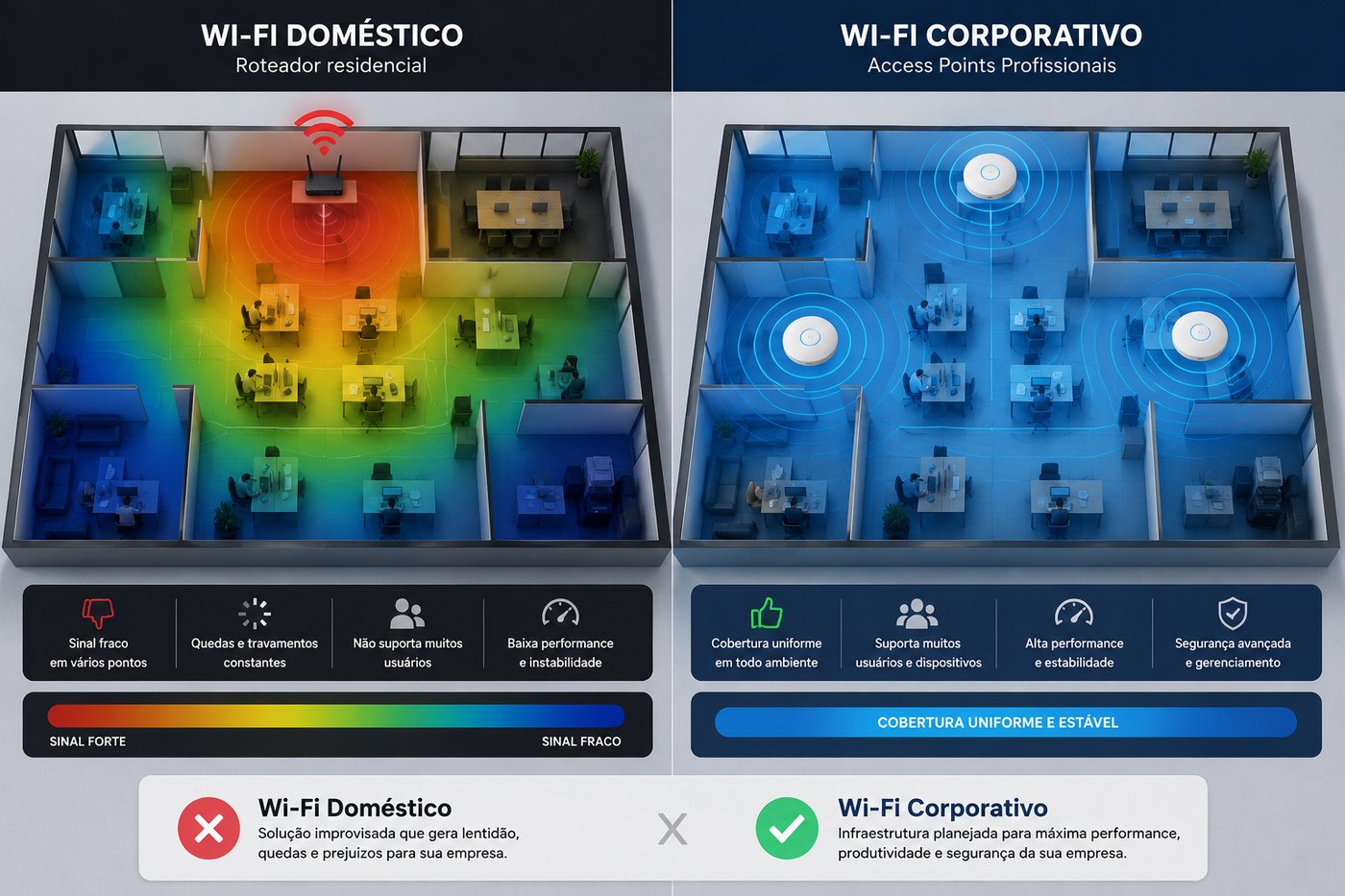 Mapa de calor comparando a cobertura de um único roteador doméstico com vários access points corporativos distribuídos