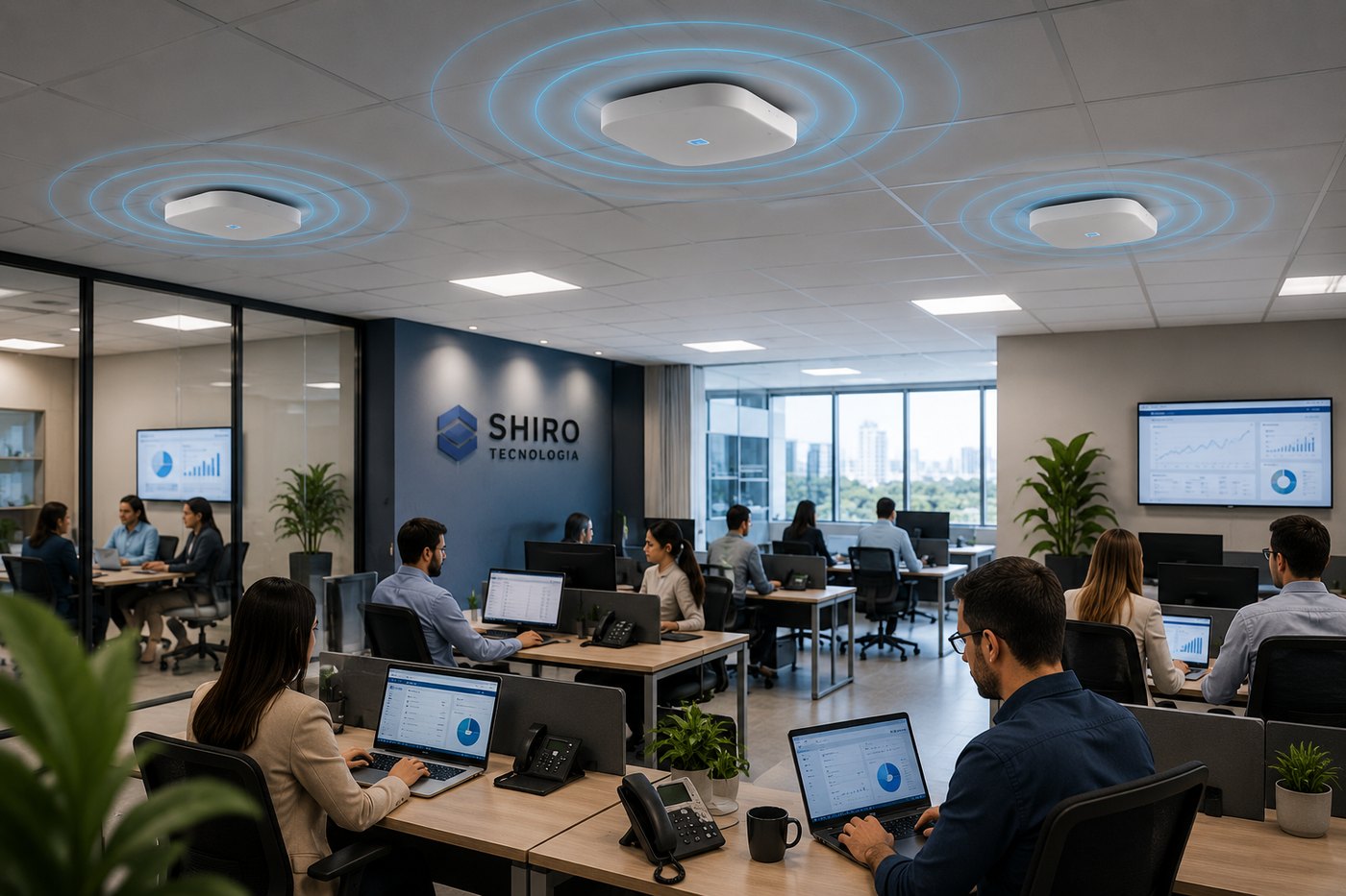 Escritório corporativo com vários access points no teto irradiando cobertura uniforme e rack organizado ao fundo