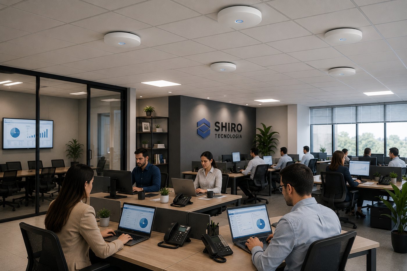 Ambiente de trabalho moderno com access points profissionais no teto cobrindo toda a equipe