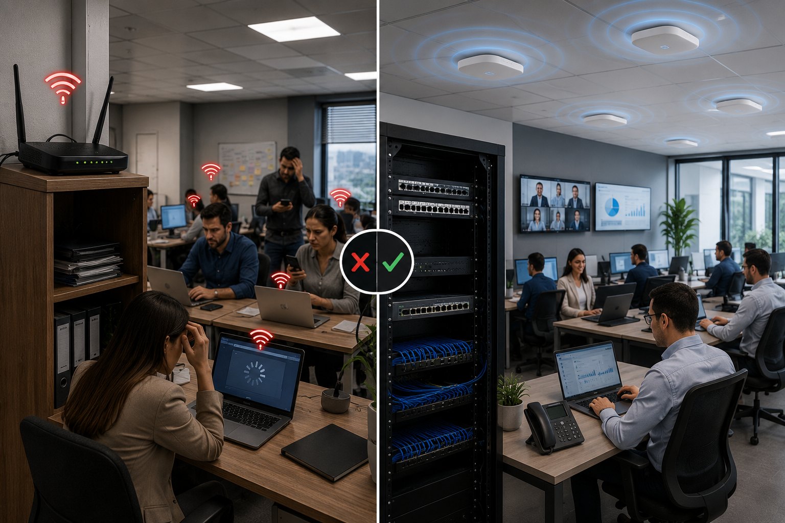 Comparação real entre Wi-Fi doméstico com sinal fraco e Wi-Fi corporativo com access points profissionais